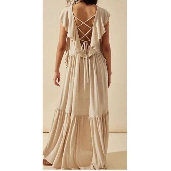 Free People Beach OB1733779 Women's Sz M Oatmeal Terrazo Linen Blend Maxi Dress - Picture 14 of 14